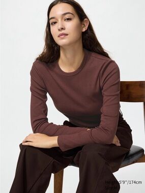 Uniqlo Women's Soft Ribbed T-Shirt | Long Sleeve in Dark Brown